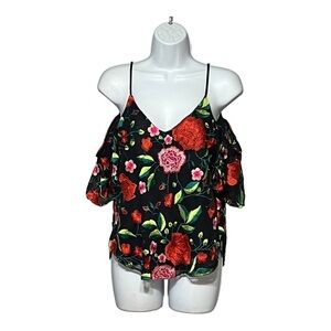 Eight-Six Floral Embroidered Top Black Multi Color Women’s Small Petite Quarter
